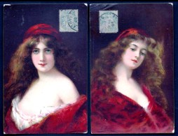 LOT 2 CPA ANCIENNES- ILLUSTRATIONS SIGNÉE : ASTI-  PORTAITS DE FEMME CHEVEUX LONGS- GROS PLAN- ROBES ROUGES- - Asti