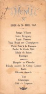 04927 "MENU - DINNER DU 26 AVRIL 1947 - MME JOURCHAN" SCRITTO. ORIGINALE DECORI IN ARGENTO IN RILIEVO - Menus