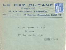 3593 PARIS XI Rue MercoeurLettre Entête GAZ BUTANE Primagaz Ets TEISSIER Paix 90 C Bleu Yv 368 Ob Mevca Flier  9 9 1939 - Covers & Documents