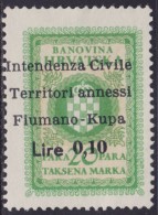 5403. Italy Croatia Fiume Rijeka Revenue Stamp (Lire 0.10) - Fiume & Kupa