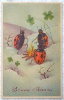 CP LITHO ILLUSTRATEUR VOEUX  ANIMAUX COCCINELLE HUMANISE ASSISE DEVANT FEU DE BOIS TREFLE PAILLETTES - Animaux Habillés