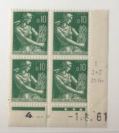 Paysanne Moissonneuse 1231 En Bloc De 4 Coin Daté - 1957-1959 Oogst