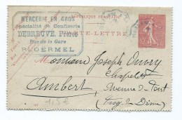 1726 - Carte Lettre Mercerie DEBREUVE Ploermel Pour Ambert Semeuse Convoyeur 1906 - Kaartbrieven