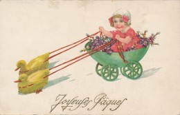 CPA Joyeuses Pâques Canard Canetons Attelés à Une Poussette Avec Fillette - Easter