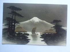 JAPAN Handpainted Vintage Card Traditional Boat With Mount Fuji In Background - Andere