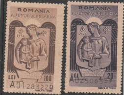 #196  REVENUE STAMP, 20 LEI, 100 LEI, WINTER ASSISTANCE, MINT, TWO STAMPS, ,ROMANIA. - Fiscale Zegels