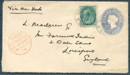 1899 Canada QV 1 Cent Stationery Cover Uprated St John N.B. - Dale Street, Liverpool 'Packet Paid' - 1860-1899 Regering Van Victoria