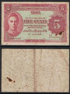 Banknote MALAYA 5 Cents 1941 Fair Staple Holes S/N None MYS#002 - Malaysia