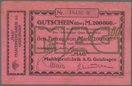 Geislingen, MAG Maschinenfabrik AG, 200 Tsd. Mark, 13.8.1923, Mit KN, Uschr. Und Druckfirma (Karau 235.c), Erh.... - [11] Emissions Locales