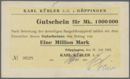 Göppingen, Karl Kübler AG, 1 Mio. Mark, 31.7.1923, Erh. II-III, Ausgabestelle Bei Keller Und Karau Nicht... - [11] Local Banknote Issues