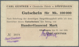 Göppingen, Chem. Fabrik Carl Gentner, 100 Tsd. Mark, 31.7.1923, Erh. III-IV (D) - [11] Local Banknote Issues