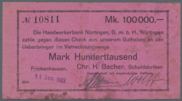 Frickenhausen, Chr. H. Bacher, Schuhfabriken, 100 Tsd. Mark, 11.9.1923, Datum Gestempelt, Fleckig, Erh. III (D) - [11] Lokale Uitgaven