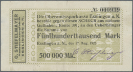 Esslingen, G. Stiefelmayer, Messwerkzeugfabrik, 500 Tsd. Mark, 17.8.1923, Scheck Auf Oberamtssparkasse, Erh. III-,... - [11] Local Banknote Issues