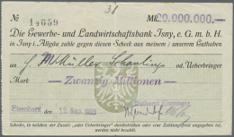 Eisenharz, Molkerei, 20 Mio. Mark, 10.9.1923 (Datum Gestempelt), Scheck Auf Gewerbe- Und Landwirtschaftsbank Isny... - [11] Emissions Locales