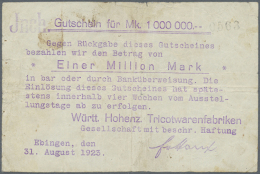 Ebingen, Württ. Hohenz. Tricotwarenfabriken GmbH, 1 Mio. Mark, 31.8.1923, Hektographierter Gutschein, Nennwert... - [11] Emissions Locales