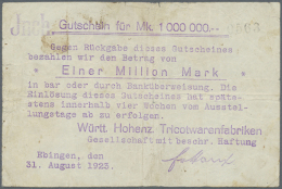 Ebingen, Württ. Hohenz. Tricotwarenfabriken GmbH, 1 Mio. Mark, 31.8.1923, Hektographierter Gutschein, Nennwert... - [11] Local Banknote Issues