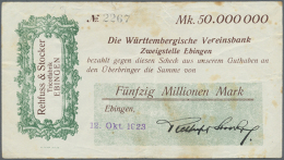 Ebingen, Rehfuss & Stocker, 50 Mio. Mark, 12.10.1923 (Datum Gestempelt), Fleckig, Erh. III (D) - [11] Lokale Uitgaven