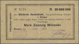 Ebingen, Friedrich Maag, 20 Mio. Mark, 19.10.1923 (Tag Und Monat Gestempelt), Scheck Auf Württemb.... - [11] Emissions Locales