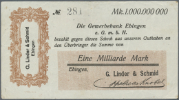 Ebingen, G. Linder & Schmid, 1 Mrd. Mark, O. D., Vollständig Gedruckter Scheck Auf Gewerbebank Ebingen,... - [11] Emissions Locales