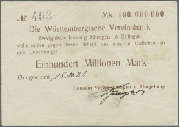 Ebingen, Consum-Verein, 100 Mio. Mark, 15.10.1923 (Datum Handschriftlich), Scheck Auf Württembergische... - [11] Emissions Locales
