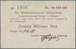 Ebingen, Consum-Verein, 20 Mio. Mark, 3.10.1923 (Datum Handschriftlich), Scheck Auf Württembergische... - [11] Lokale Uitgaven