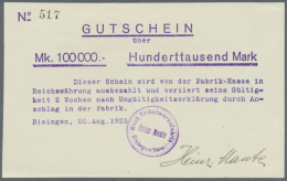 Bisingen (Hohenzollern), Heinr. Mauthe, Mech. Trikotwarenfabrik, 100 Tsd. Mark, 20.8.1923, Text Violett... - [11] Emissions Locales