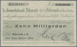 Biberach, Gewerbebank, 10 Mrd. Mark, Ende Oktober 1923, Eigenscheck, Aussteller Gestempelt, Erh. III, Nennwert... - [11] Local Banknote Issues