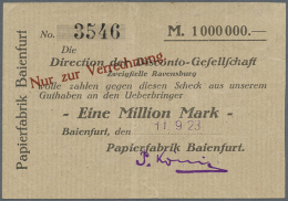 Baienfurt, Papierfabrik, 1 Mio. Mark, 11.9.1923 (Datum Gestempelt), Schein Zur Stabilisierung Auf Folie Aufgeklebt,... - [11] Local Banknote Issues