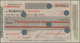 Remscheid, Stadtkasse, 50 Tsd. Mark, 6.7.1923, Lohnscheck Auf Reichsbank Remscheid, Lochentwertet, Erh. II, Weder... - [11] Lokale Uitgaven