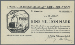 Köln-Zollstock, J. Pohlig AG, 1 Mio. Mark, 9.8. - 15.9.1923, Erh. I, Seltene Ausgabestelle (D) - [11] Local Banknote Issues