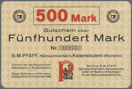 Kaiserslautern, G. M. Pfaff, Nähmaschinenfabrik, 500 Mark, O. D. - 15.12.1922, Erh. I-II (D) - [11] Emissions Locales