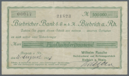 Biebrich, Wilhelm Rasche, 500 Tsd. Mark, 21.8.1923 (Datum Handschriftlich), Gedruckter Scheck Auf Biebricher Bank,... - [11] Emissions Locales