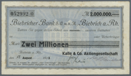 Biebrich, Kalle & Co. AG, 2 Mio. Mark, 18. (hschr.) 8.1923, Gedruckter Scheck Auf Biebricher Bank, Erh. III (D) - [11] Emissions Locales