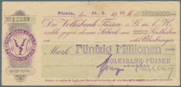 Füssen, Volksbank, 50 Mio. Mark, 24.9.1923; 100 Mio. Mark, 6.10.1923; 1 Mrd. Mark, 2.11.1923; Eigenschecks,... - [11] Emissions Locales
