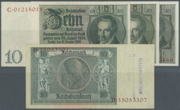 Set Mit 4 Banknoten 10 Reichsmark 1929, Dabei Eine Notausgabe 1945 Mit Belgischem Zeilenstempel In Leicht... - Autres & Non Classés