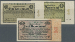 Set Mit 3 Banknoten Der Rentenbank Zu 1 Und 2 Rentenmark 1923, Dabei Reichsdruck- Und Firmendruckausgabe Des 1-ers... - Autres & Non Classés