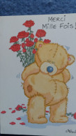 CPM OURS OURSON EN PELUCHE CARTE BLANCHE DESSIN MIRANDA  BOUQUET DE ROSES ROUGES MERCI MILLE FOIS - Jeux Et Jouets