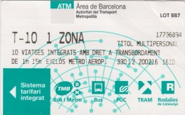 SPAIN-ESPANA    BARCELONA  Ticket For 10 Trips With Metro-bus-tram - Europe