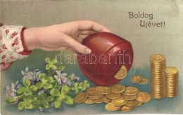 T2/T3 'Boldog Új Évet!' / New Year's Greeting Card, Money Box, Flowers, Clover, Emb. Litho (EK) - Unclassified