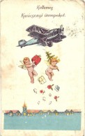 T3 'Kellemes Karácsonyi Ünnepeket!' / Christmas Greeting Card, Airplane Dropping Toys And Angels (EB) - Unclassified