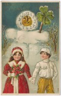 T2 'Boldog Új Évet!' / New Year's Greeting Card, Snowman, Clover, Couple, Golden Decorated Emb. Litho - Unclassified