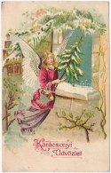 T2/T3 'Karácsonyi Üdvözlet' / Christmas Greeting Postcard, Angel, Emb. Litho (EK) - Non Classés