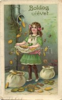 T2/T3 'Boldog Új Évet!' / New Year's Greeting Card, Child, Money Rain, Golden Decorated Litho (EK) - Unclassified