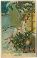 T3/T4 'Boldog Karácsonyi Ünnepeket!' / Christmas Greeting Card, Angel With Christmas Tree And Toys,... - Unclassified