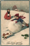 * T3/T4 'Boldog Új Évet!' / New Year's Greeting Card, Child Playing In The Snow With A Dog, Clovers,... - Non Classés