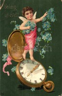 T3 'Boldog Új Évet!' / New Year's Greeting Card, Child With Pocket Watch, Floral Decorated Litho (kis... - Unclassified