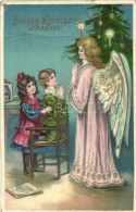 T3 'Boldog Karácsonyi Ünnepeket!' / Christmas Greeting Card, Angel Praying With Children, Emb. Litho... - Unclassified