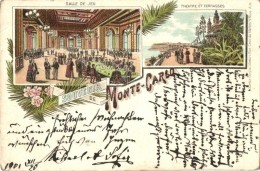 T3 Monte Carlo, Salle De Jeu, Theatre Et Terrasses / Game Hall, Theatre, Terrace, Floral Litho (EB) - Non Classés