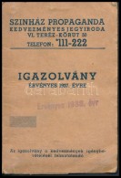 1938 Színházi Propaganda Igazolvány, Arcképes, Hiányos, 11x7cm - Non Classés