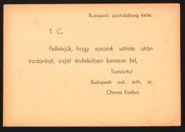 1944 A Budapesti Chevra Kadisa LevelezÅ‘lapja, Melyben Kéri Hogy A Címzett Saját... - Other & Unclassified